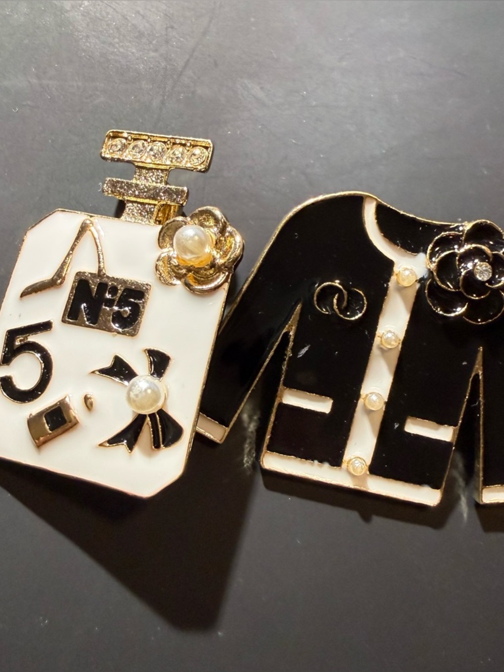 Designer Sweater/Perfume Bottle Brooch Set with Faux Pearls